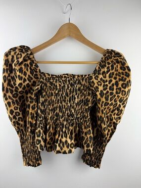 Zara Leopard Print Smocked Puff Sleeve Top Square Neck 100% Cotton Small